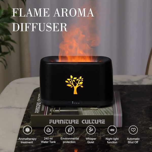 Toleker Diffuseur d'huiles essentielles, diffuseur de flamme silencieux pour huiles essentielles, grande pièce, arrêt automatique sans eau, réglage de l'heure, 240 ml (noir)