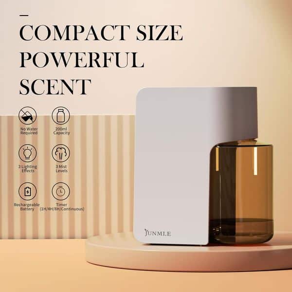 JUNMLE Diffuseur d'huiles essentielles portable sans eau de 200 ml, nébuliseur d'aromathérapie pour la maison, le bureau, la voiture, le spa, rechargeable, 1h/4h/8h/continu, 3 niveaux de brume, 3