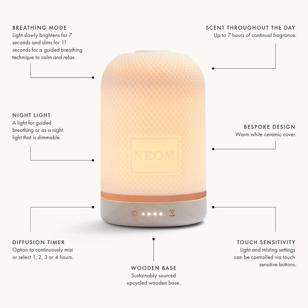 NEOM Wellbeing Pod,Diffuseur d'huiles essentielles à ultrasons de qualité supérieure,Couvercle en céramique, lumière LED et minuterie,Diffuseur d'aromathérapie,Cadeau,Fête des mères
