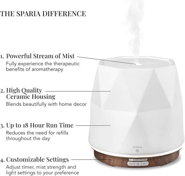 Diffuseur d'huiles essentielles à ultrasons en céramique pour aromathérapie, Blanc Mat avec Grain de Bois, 300 ML, autonomie de 18 Heures