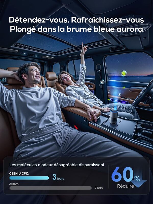 Ceeniu Désodorisant Intelligent pour Voiture, Brume Ultrasonique, Buse de Brume de Fontaine Améliorée, Mode Réglable, Batterie Longue Durée, Lumière Ambiante, Vanille Velours 45ml, Diffuseur CF12