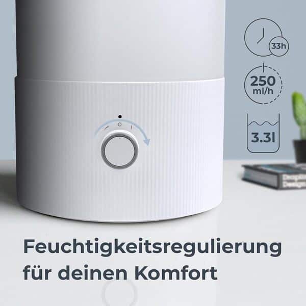 Noaton Essential Humidificateur Ultrasons et Diffuseur 3,3L, 2 huiles essentielles incluses, pour bébé et plantes, remplissage par le haut, 33 heures, lumières LED, contrôle de la brume, veilleuse