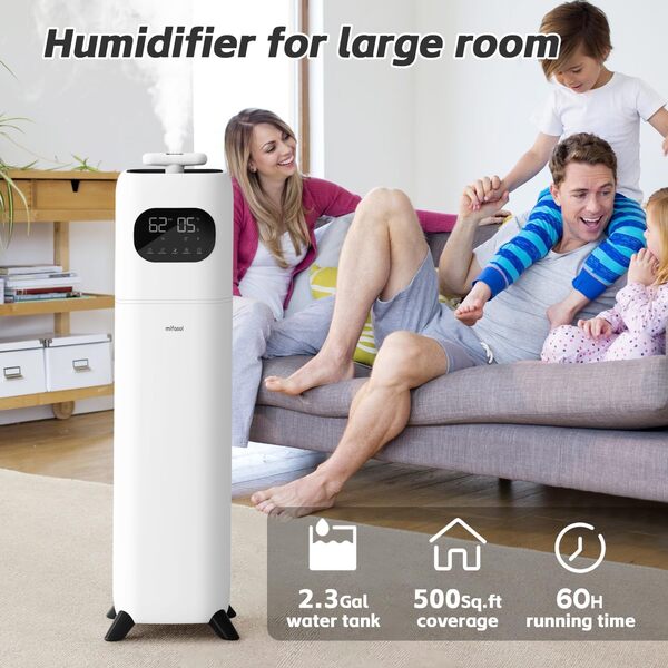 Mifasol Humidificateurs pour chambre à coucher, grande pièce, humidificateur d'air de 2,3 gal/9 l, grande pièce avec diffuseur d'huile essentielle, humidificateur à brume froide à remplissage