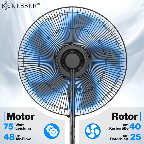 KESSER® Ventilateur sur pied Frosty à eau Refroidissement par eau à pulvérisation d'ultrasons, télécommande incluse, fonction minuterie, humidificateur silencieux, fonction brumisation, noir