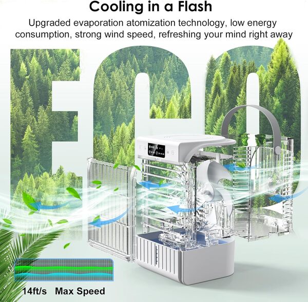 Climatiseur Mobile 1500ML, 4 en 1 Refroidisseur d'air avec Brumisation, 4 Vitesses, 7 Colorées, 2/4/6H Minuteur, Mini Climatiseur Portable Silencieux pour la Maison et Cuisines