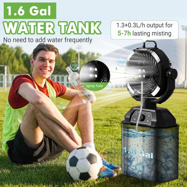 Ventilateur de Camping Avec Seau 6L et LED, 20000mAh Battery Portable Misting Fan, 3 Modes de Brumisation, Oscillation Verticale 45°, Ventilateur de Brumisation pour le Camping/Pêche/Voyage, Noir