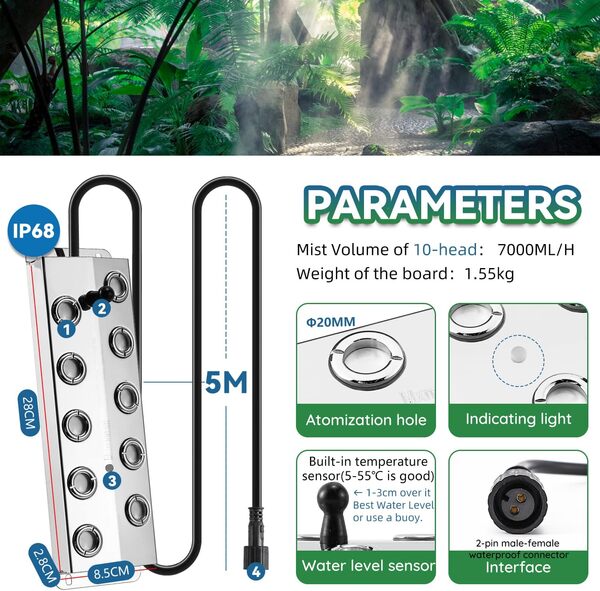 Mxmoonant 7L/H fabricant de brouillard 10 têtes Brumisateur à ultrasons 400W Humidificateur à brouillard avec une bouée pour l'horticulture Paysage magique Ambiance de préservation des légumes