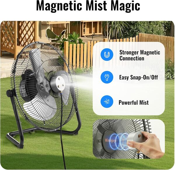 Windigaga Ventilateur brumisateur magnétique de 35,6 cm pour extérieur, brume de refroidissement jusqu'à 8,9 m, brumisateur 2 en 1 au sol et mural, 3 vitesses, inclinaison réglable à 180°, portable