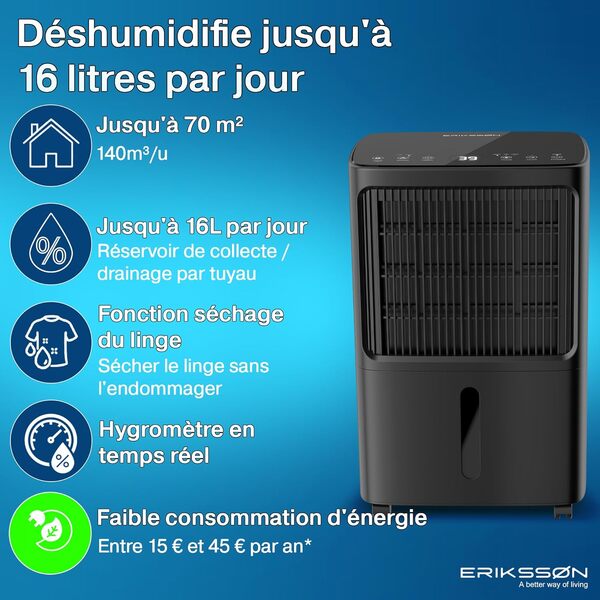 Erikssøn Déshumidificateur d'air Dry Pro Plus - 16L/Jour - Fonction Sèche-linge - Convient pour Chambre à Coucher, Salle de Bain, Salon et Cave - Déshumidificateur d'air anti moisissure - Noir