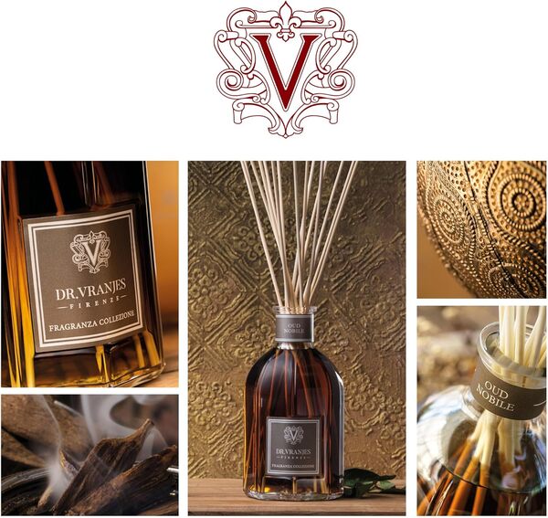 Dr. Vranjes - Recharge Oud Nobile 2500 ML + 2 Paquets de Bâtonnets Blancs (3 pièces), Parfum d'intérieur de Luxe, Parfum Principal: Oriental et Enveloppant, Pyramide Olfactive: Bergamote, Oud, Myrrhe