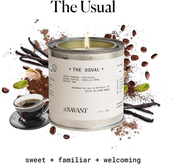 The New Savant Bougie parfumée – L'habituel – Bougie esthétique pour la maison, café, pistache, vanille et bois de cèdre, mélange de cire de soja, végétalienne et sans cruauté envers les animaux