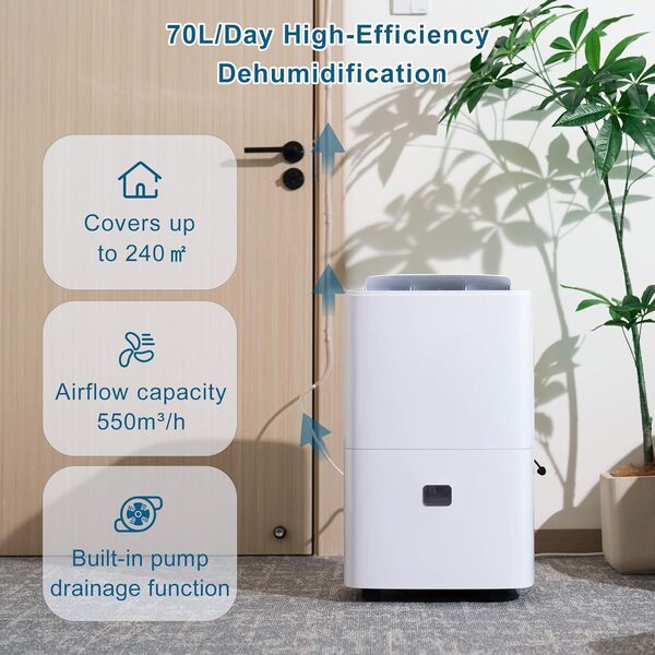 Megonia Deshumidificateur d'Air 70L/Jour avec Pompe 5m et Réservoir 8L - Déshumidificateur Électrique Silencieux 43dB pour Cave/Maison/Salle de Bain/Bateau (240m²)