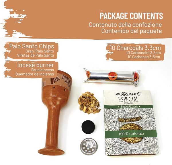 PALOSANTO - Brûle-Encens Copalera + Grains Palo Santo 80 GR + Charbons - Kit Palo Santo - Bursera graveolens Bois du Pérou - 10 Fusains diamètre 3,3 cm - Brûleur d'encens Fait à la Main en Equateur