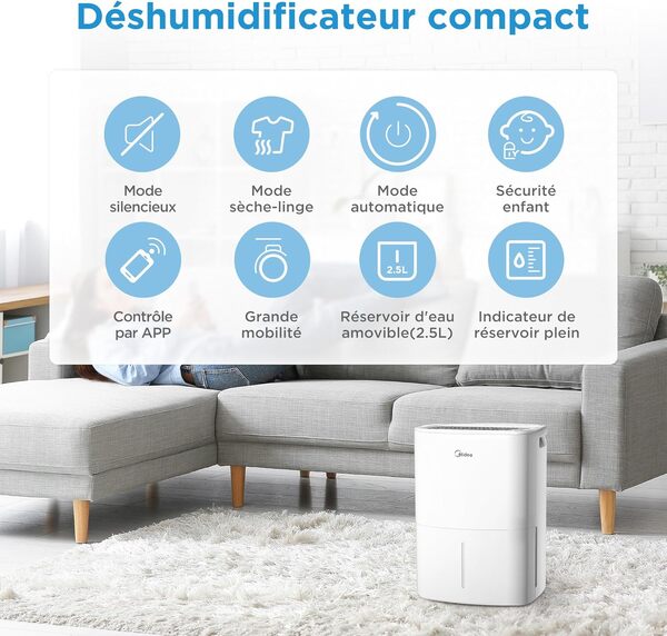 MIDEA Deshumidificateur d Air Electrique 12L avec App Control - Adsorbeur d'humidité pour la Maison, Salle de Bain - Surface de travail 35 m2 - Nouveau Modèle Déshumidificateurs Anti Moisissures