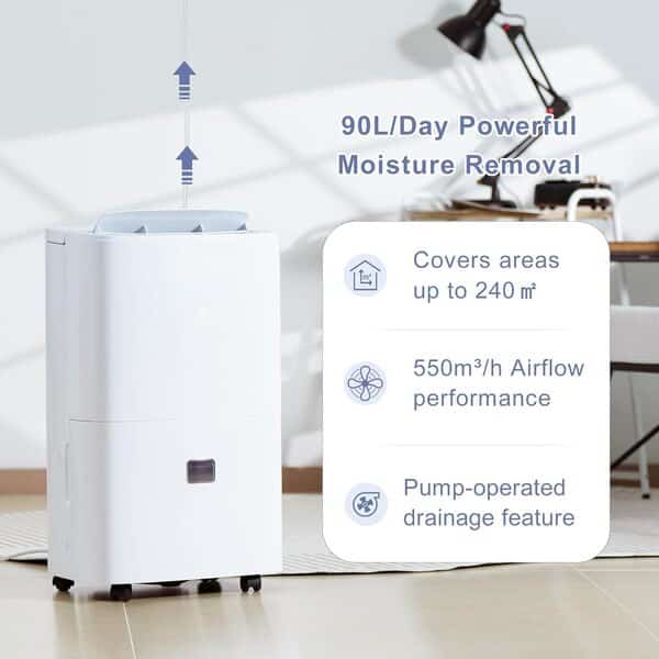 Katenpo Deshumidificateur d’Air Électrique 90L/Jour Anti-Moisissures avec Pompe Relevage 5m - Silencieux 43dB pour Cave, Chambre, Salle de Bain 240m² | Réservoir 8L, Drainage Continu