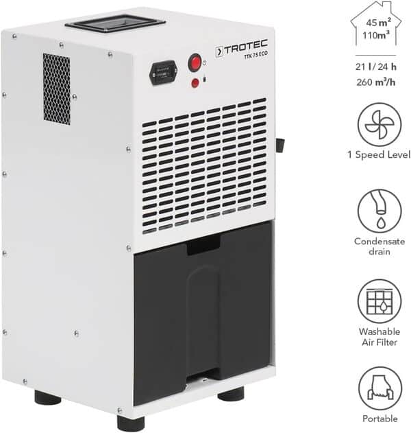 TROTEC Déshumidificateur TTK 75 ECO Déshumidificateur d'air, Déshumidificateur Electrique, Déshumidificateur Portable, Absorbeur d'humidité, Déshumidification max. 21 l/j