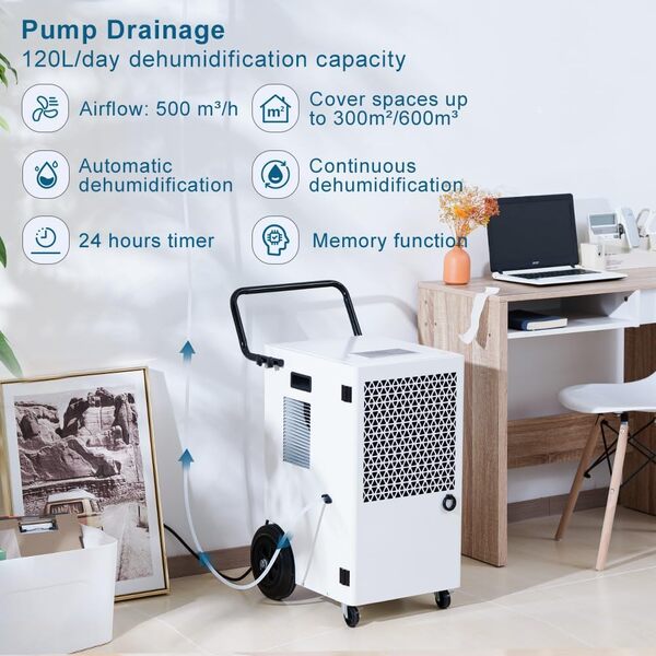 Megonia 120L/Jour Deshumidificateur Electrique Compresseur: Grand Déshumidificateur avec Pompe et Tuyau de Drainage, 300m²/600m³ Surface Déshumidificateur Portable, Minuterie 24H, Séchage du Linge