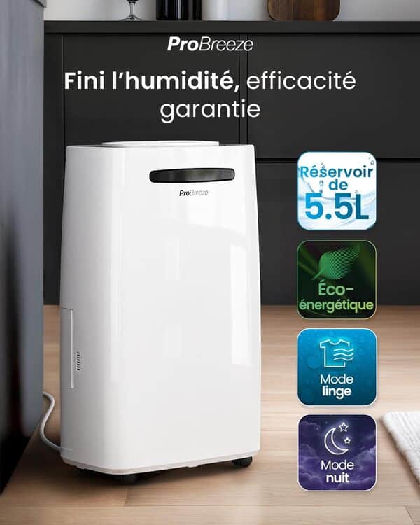 Pro Breeze Déshumidificateur Compresseur 20L/jour pour pièces jusqu'à 30 m² - 4 modes, Sèche-linge, Drainage continu, Minuterie 24h, Grand Réservoir 5,5L - Contre l'humidité, la moisissure