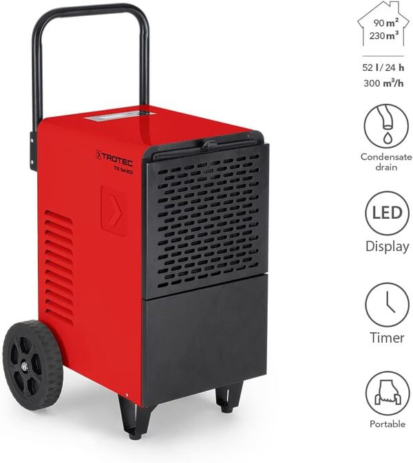 TROTEC TTK 166 ECO, déshumidificateur industriel, 52 l/24 h, pour le séchage de chantiers, portable, pour des pièces jusqu'à 90 m²/230 m³, filtre à air, fonction minuterie, commandé par hygrostat