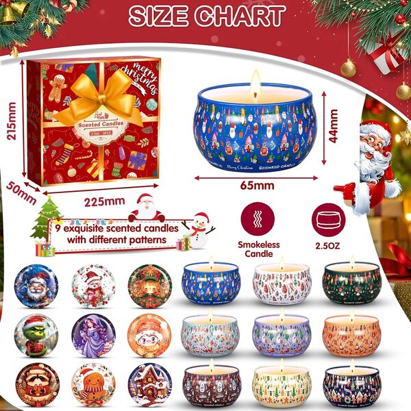 JEDWKFA 9 pc Bougies Parfumées de Noël, Lot de Cadeau, 180 Heures de Durée, pour L'aromathérapie Mariage Bath Yoga [Classe énergétique A]