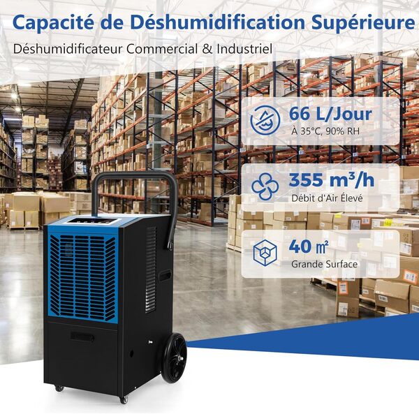 GOPLUS Déshumidificateur d'air 66 L, 355 m³/h, Minuterie 24 H, Déshumidificateur Professionnel avec Poignée & Roues, Pompe, Tuyau pour Dégâts d'Eau, pour Sous-Sol, Entrepôt (Bleu)
