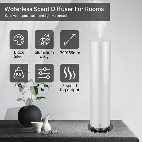 Flycross Diffuseur Huiles Essentielles, Diffuseur D'aromathérapie en Métal Durable, Couvrant 300㎡, 300ml Bouteille d'huile, Contrôle d'Application&Timer, pour Grande Piece, Bureau, Hotel, Le Argenté