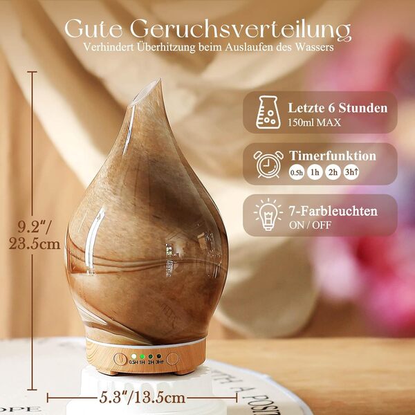Porseme Diffuseur d'huiles essentielles en verre, diffuseur d'huiles essentielles d'aromathérapie de 150 ml pour aromathérapie relaxante, humidificateur avec brume froide, 6 heures d'autonomie et