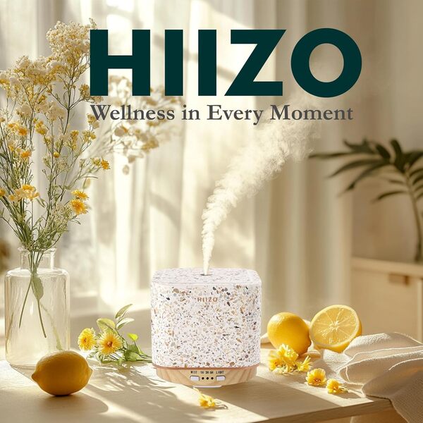 HIIZO T18 Terrazzo Diffuseur d'arômes – Diffuseur ultrasonique de luxe avec terrazzo fabriqué à la main, diffuseur de pierre, modes d'éclairage LED, réservoir de 200 ml, Nano Mist, arrêt automatique
