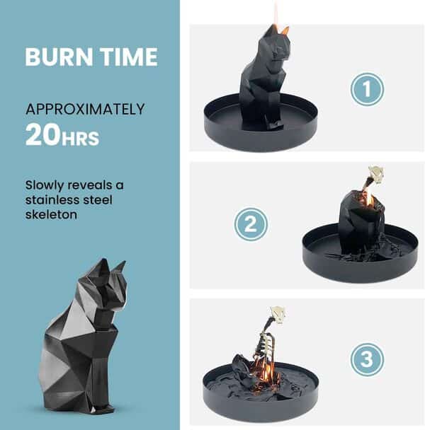 Wick Works | Bougie squelette de chat Loki | Fond pour révéler la structure interne en acier | Brûle plus de 20 heures | Parfait pour la décoration de la maison ou du bureau (noir, non parfumé)