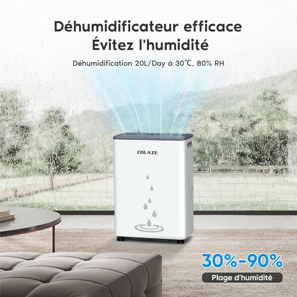 COLAZE Deshumidificateur d air 20L/24h, Déshumidificateur électrique pour les pièces jusqu'à 150m³/50m², Deshumidificateur anti moisissure, Desumificateur d humidité silencieux avec tuyau d'évacuation