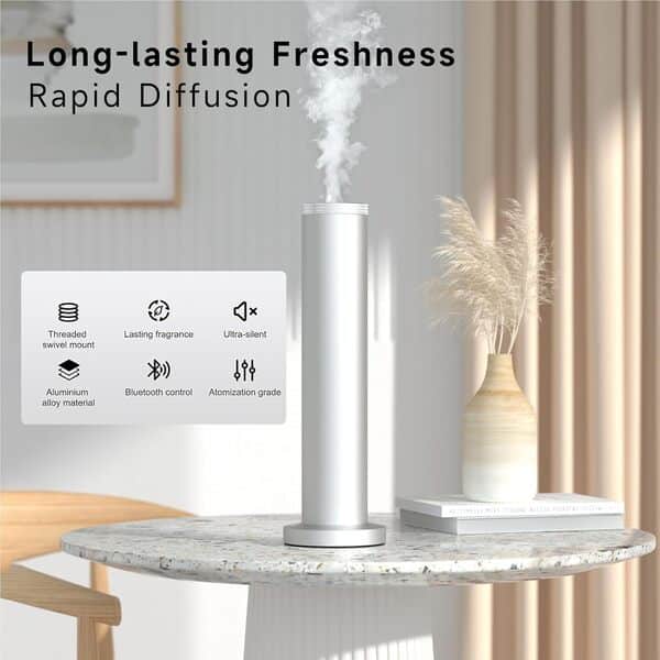 Diffuseur d'huiles essentielles sans fil : diffuseur d'arômes intelligent anti-basculement avec 3 modes de brume, couverture de 1200 m², télécommande Bluetooth, minuterie, corps en métal silencieux