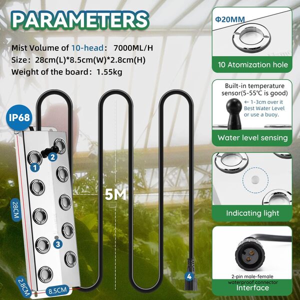 Mxmoonant Fabricant de Brouillard 10 têtes Brumisateur à ultrasons 7L / H Fogger Humidificateur 400W pour la Conservation des Aliments dans l'atmosphère du Festival de Paysage hydroponique (10 têtes)