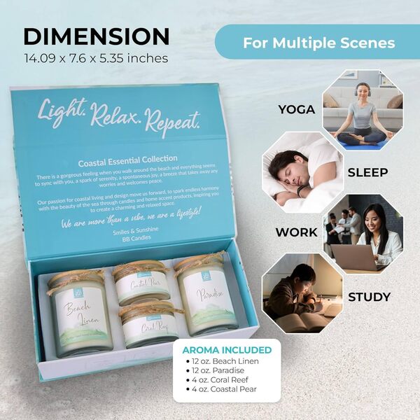 Coastal Essentials Coffret cadeau de bougies coulées à la main – Coffret cadeau de bougies artisanales parfumées côtières – 4 bougies parfumées, valeur de 74 $ (parfums de linge de plage,