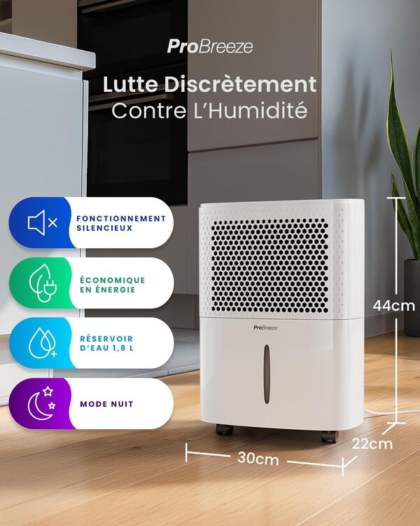 Pro Breeze Déshumidificateur d'Air Silencieux 12L/Jour - Absorbeur d'Humidité - 40 dB, Réservoir 1,8L, Drainage Continu, Minuterie 24h, 3 Modes- Idéal Contre l'Humidité & Moisissure