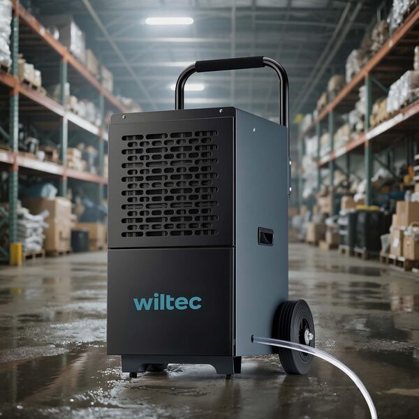 Wiltec Déshumidificateur de chantier sur roues – 89,5 x 48,5 x 46,7 cm – 50 litres/jour – 130 m² max. – Réservoir 7 L – avec Poignée et Minuterie 24 h