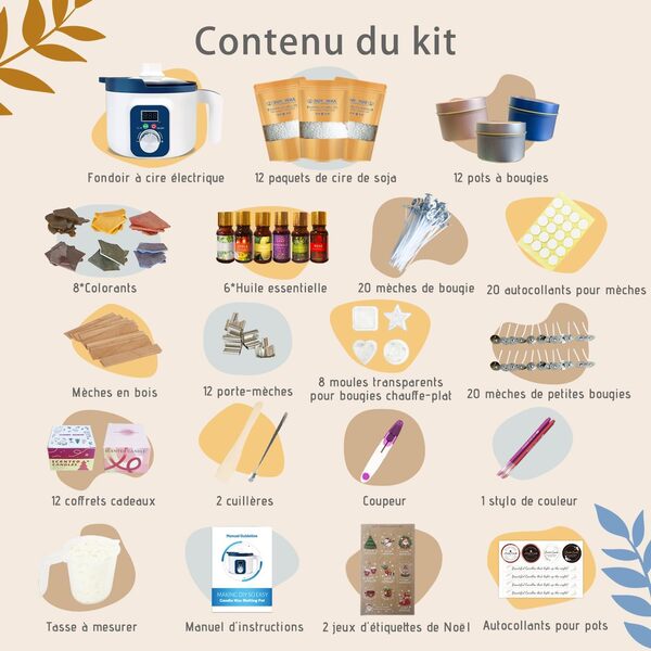 Kit de Fabrication Bougie Parfumée pour Adultes avec Fondoir Cire Bougie Electrique, Cire de Soja, 12 Pots, 8 Photophores, 6 Parfums et Coffrets Cadeaux