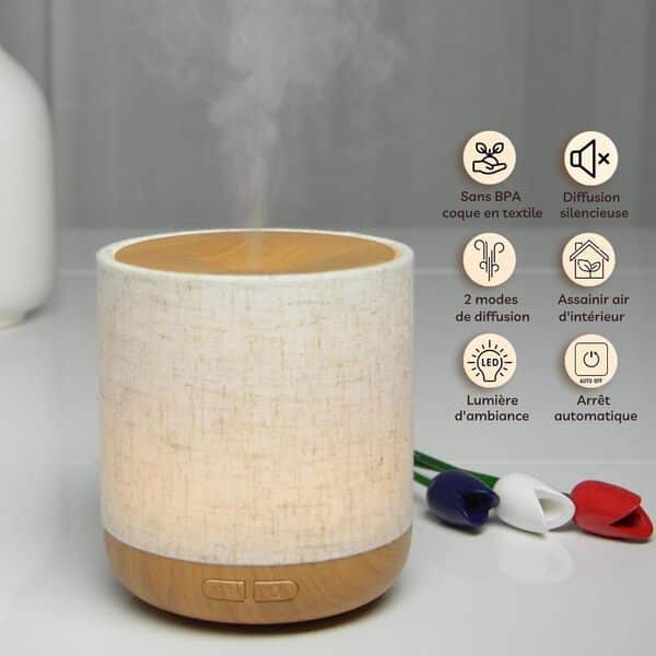 Zen’Arôme Diffuseur Ultrasonique Alesia – Diffusion Huile Essentielle à Froid Aromathérapie – Design Original, Coque en Toile de Lin et Revêtement Couleur Bois – Diffusion + Éclairage Personnalisables
