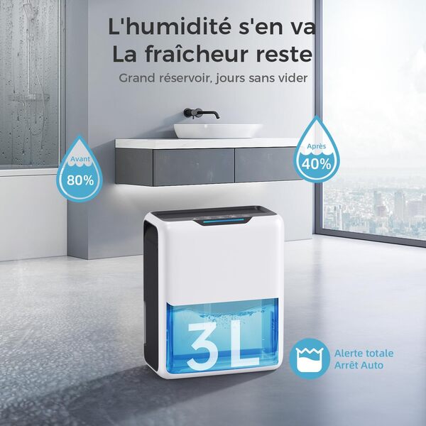 Deshumidificateur d Air 3L, Déshumidificateur pour la 20㎡ Maison, Double Peltier Effet, 30dB Ultra Silencieux Déshumidificateurs pour Chambre, Dégivrage Intelligent, Minuterie 24H