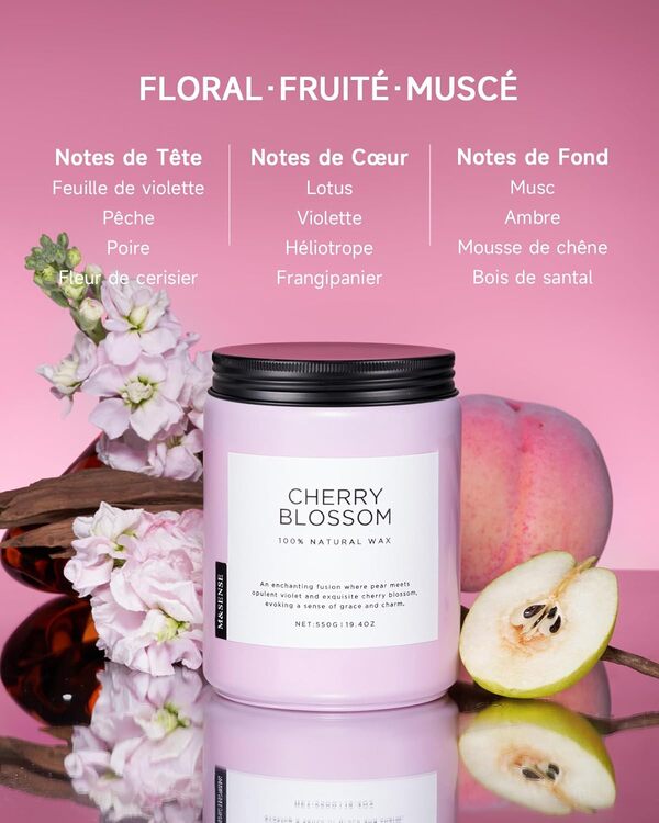 M&SENSE Bougie Parfumée aux Fleurs de Cerisier - Soja, 110 Heures, Aromathérapie Anti-Stress, Romantique pour Femmes, en Verre pour Chambre à Coucher [Classe énergétique A]