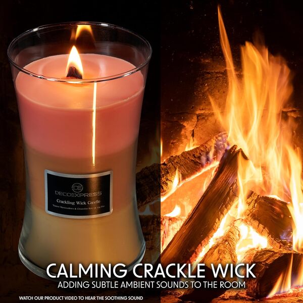 DECO EXPRESS Bougie Parfumées 3 Couches, Bougie Crepitante, Bougies Longue Durée Jusqu 130 H Sablier, Saint Valentin, Fetes des Mères Deco Maison (Guimauves Grillées,Épices de clémentine,Feu de bois)