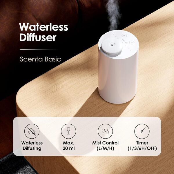 Airversa Diffuseur d'huiles essentielles sans Eau. Nébuliseur à Batterie, Mini arôme - Machine. Aromathérapie, 4 minuteurs, 3 Niveaux de Vapeur. pour la Maison, la Voiture, Le Bureau. AN6 Blanc