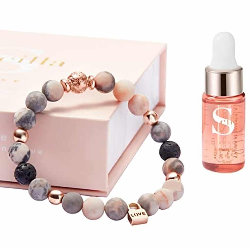 Avis : bracelet diffuseur Jaspe zèbre rose et pierre de lave or rose